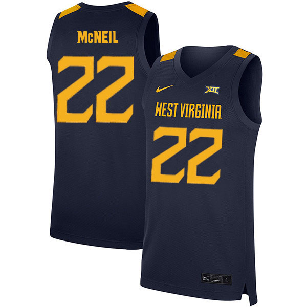 2020 Men #22 Sean McNeil West Virginia Mountaineers College Basketball Jerseys Sale-Navy